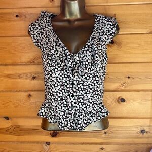 Good Luck Gem Size Small Black and White Floral Ruffle Sleevless Blouse Top